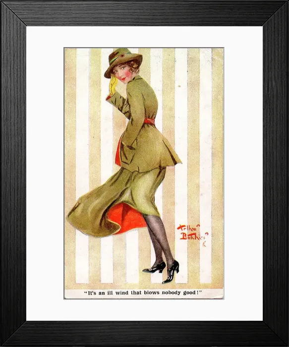 Framed Print : Comic postcard, Pretty woman in khaki uniform - It's an ill wind that blows nobody good! Date: 1914-1918 Framed Print : Comic postcard, Pretty woman in khaki uniform - It's an ill wind that blows nobody good! Date: 1914-1918