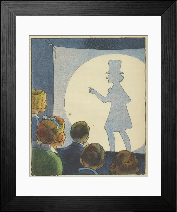 Framed Print : Children playing a game of shadow buff at a party. A sheet is stretched across the end of a largish room and a strong torch shines on the sheet. All other lights are turned off Framed Print : Children playing a game of shadow buff at a party. A sheet is stretched across the end of a largish room and a strong torch shines on the sheet. All other lights are turned off