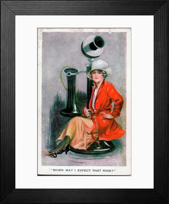 Framed Print : Postcard, Pretty woman with a giant telephone - When may I expect that ring? Date: early 20th century Framed Print : Postcard, Pretty woman with a giant telephone - When may I expect that ring? Date: early 20th century
