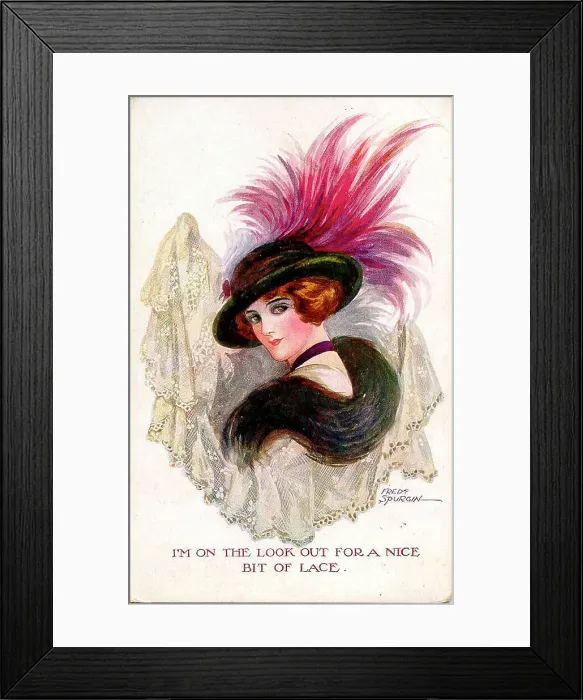Framed Print : Comic postcard, Pretty woman with lace Framed Print : Comic postcard, Pretty woman with lace