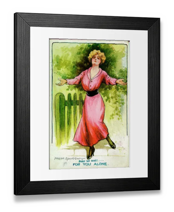 Framed Print : Postcard, Pretty woman in a pink dress - For you alone Date: early 20th century