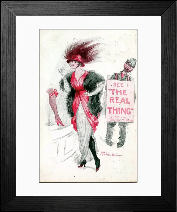 Framed Print : Comic postcard, Elegant woman and sandwich board man - See the real thing Date: early 20th century Framed Print : Comic postcard, Elegant woman and sandwich board man - See the real thing Date: early 20th century