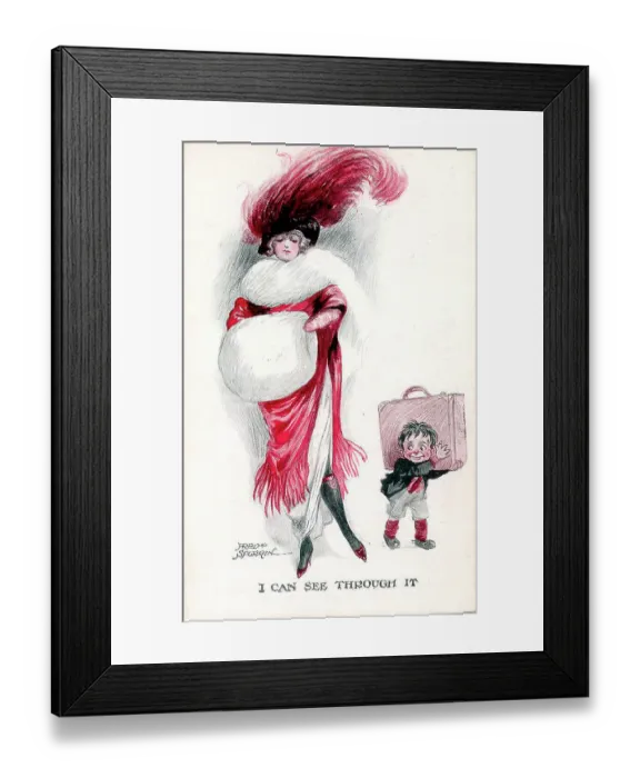 Framed Print : Comic postcard, Elegant woman and little boy with suitcase - I can see through it Date: early 20th century Framed Print : Comic postcard, Elegant woman and little boy with suitcase - I can see through it Date: early 20th century