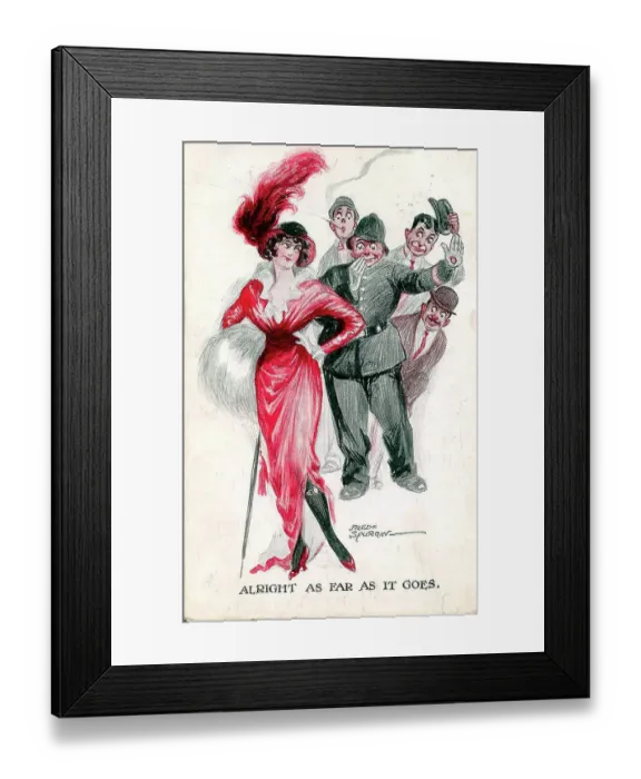 Framed Print : Comic postcard, Elegant woman watched by four men - Alright as far as it goes Date: early 20th century Framed Print : Comic postcard, Elegant woman watched by four men - Alright as far as it goes Date: early 20th century