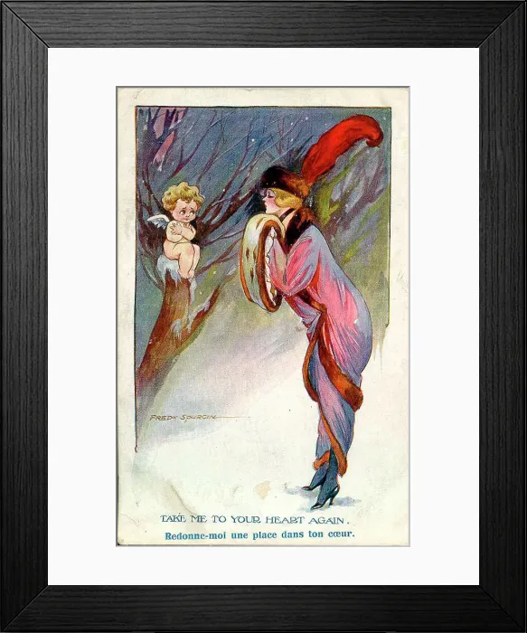 Framed Print : Comic postcard, Elegant woman and cupid - Take me to your heart again Date: early 20th century Framed Print : Comic postcard, Elegant woman and cupid - Take me to your heart again Date: early 20th century