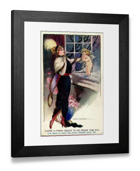 Framed Print : Comic postcard, Elegant woman and cupid - I have a warm place in my heart for you Date: early 20th century Framed Print : Comic postcard, Elegant woman and cupid - I have a warm place in my heart for you Date: early 20th century