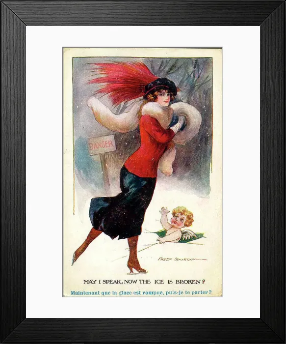 Framed Print : Comic postcard, Elegant woman and cupid - May I speak, now the ice is broken? Date: early 20th century Framed Print : Comic postcard, Elegant woman and cupid - May I speak, now the ice is broken? Date: early 20th century