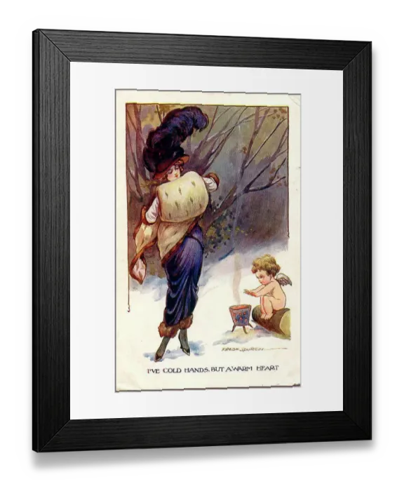 Framed Print : Comic postcard, Elegant woman and cupid - I've cold hands but a warm heart Date: early 20th century