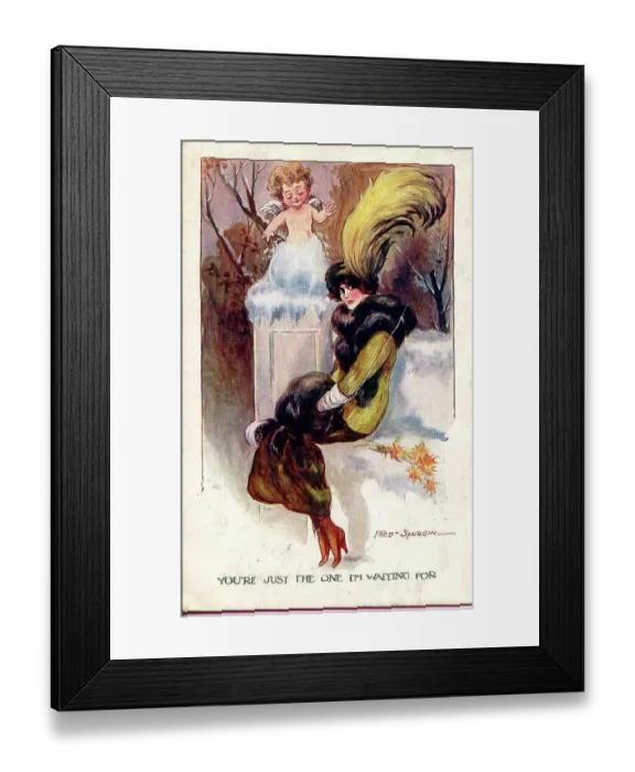 Framed Print : Comic postcard, Elegant woman and cupid - You're just the one I'm waiting for Date: early 20th century Framed Print : Comic postcard, Elegant woman and cupid - You're just the one I'm waiting for Date: early 20th century