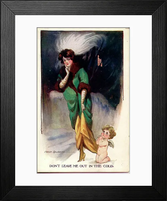 Framed Print : Comic postcard, Elegant woman and cupid - Don't leave me out in the cold Date: early 20th century