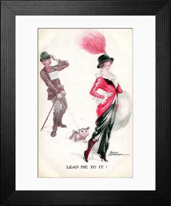 Framed Print : Comic postcard, Elegant woman and blind man with dog - Lead me to it! Date: early 20th century Framed Print : Comic postcard, Elegant woman and blind man with dog - Lead me to it! Date: early 20th century