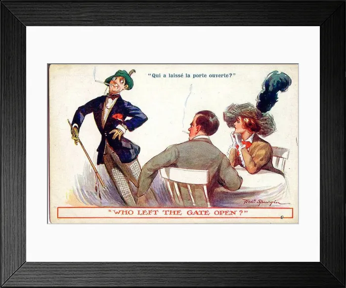 Framed Print : Comic postcard, Couple at table, with unexpected passer-by - Who left the gate open? Date: early 20th century Framed Print : Comic postcard, Couple at table, with unexpected passer-by - Who left the gate open? Date: early 20th century