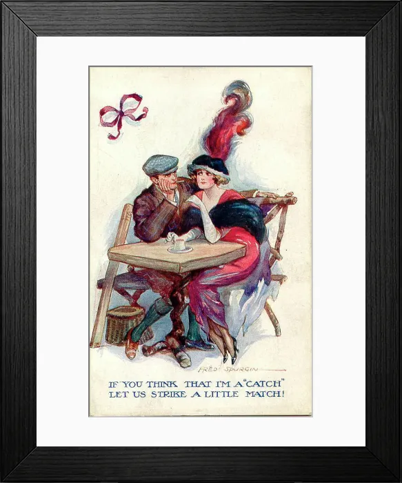 Framed Print : Comic postcard, Couple at a table - If you think that I'm a catch, let us strike a little match! Date: early 20th century Framed Print : Comic postcard, Couple at a table - If you think that I'm a catch, let us strike a little match! Date: early 20th century