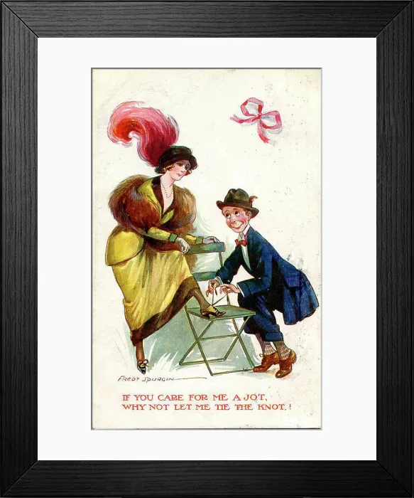 Framed Print : Comic postcard, Couple tying shoelace - If you care for me a jot, why not let me tie the knot! Date: early 20th century Framed Print : Comic postcard, Couple tying shoelace - If you care for me a jot, why not let me tie the knot! Date: early 20th century