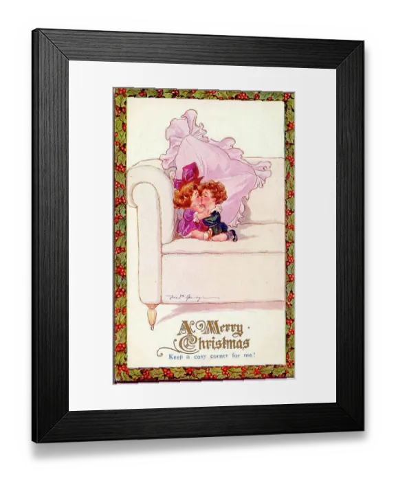 Framed Print : Christmas postcard, Little girl and boy kissing on a sofa - Keep a cosy corner for me! Date: early 20th century Framed Print : Christmas postcard, Little girl and boy kissing on a sofa - Keep a cosy corner for me! Date: early 20th century