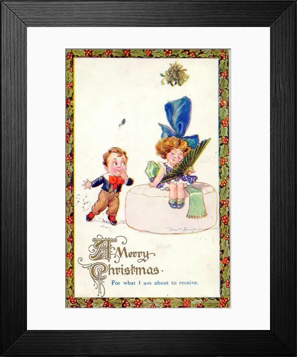Framed Print : Christmas postcard, Little girl and boy under mistletoe Framed Print : Christmas postcard, Little girl and boy under mistletoe