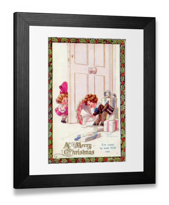 Framed Print : Christmas postcard, Little girl and boy with presents and flowers - I've come to wish YOU one Date: early 20th century Framed Print : Christmas postcard, Little girl and boy with presents and flowers - I've come to wish YOU one Date: early 20th century