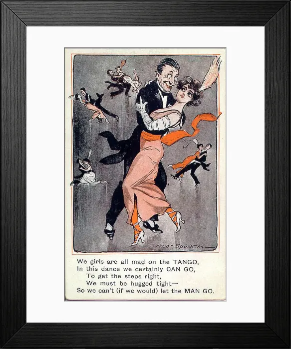 Framed Print : Comic postcard, Dancing couples - the tango Date: early 20th century Framed Print : Comic postcard, Dancing couples - the tango Date: early 20th century