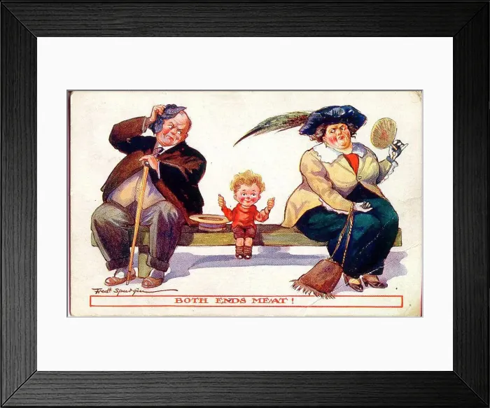 Framed Print : Comic postcard, Little boy with plump couple on a bench - Both ends meat! Date: early 20th century Framed Print : Comic postcard, Little boy with plump couple on a bench - Both ends meat! Date: early 20th century