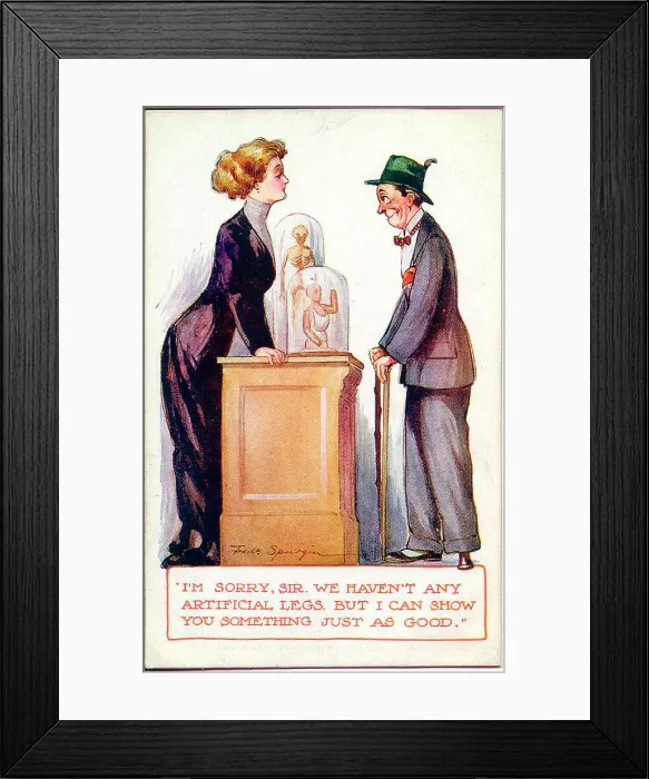 Framed Print : Comic postcard, Customer and shop assistant - artificial legs Date: early 20th century Framed Print : Comic postcard, Customer and shop assistant - artificial legs Date: early 20th century