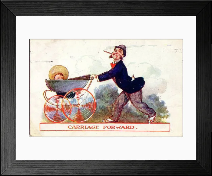 Framed Print : Comic postcard, Man pushing baby in a pram - Carriage forward Date: early 20th century Framed Print : Comic postcard, Man pushing baby in a pram - Carriage forward Date: early 20th century
