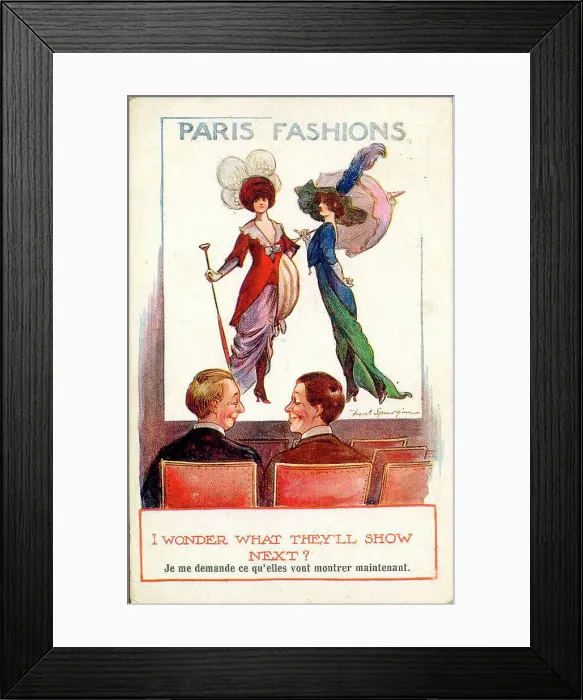Framed Print : Comic postcard, Paris Fashions - I wonder what they'll show next Date: early 20th century Framed Print : Comic postcard, Paris Fashions - I wonder what they'll show next Date: early 20th century