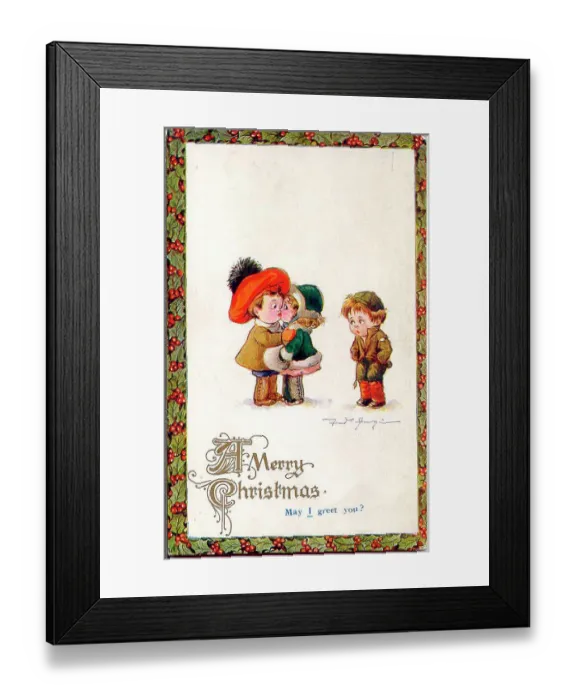 Framed Print : Christmas postcard, Little girl and two boys - May I greet you? Date: early 20th century Framed Print : Christmas postcard, Little girl and two boys - May I greet you? Date: early 20th century