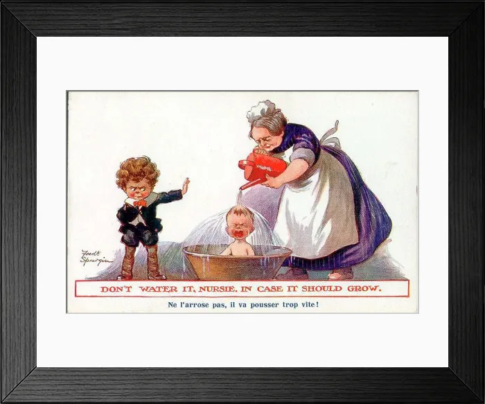Framed Print : Comic postcard, Nurse bathing the baby - Don't water it, Nursie, in case it should grow! Date: early 20th century Framed Print : Comic postcard, Nurse bathing the baby - Don't water it, Nursie, in case it should grow! Date: early 20th century