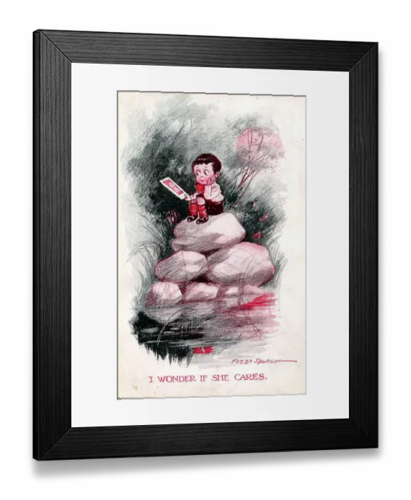 Framed Print : Comic postcard, Little boy thinking of his love - I wonder if she cares Date: early 20th century Framed Print : Comic postcard, Little boy thinking of his love - I wonder if she cares Date: early 20th century