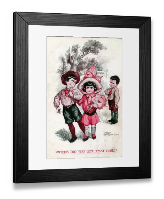 Framed Print : Comic postcard, Two little boys and a girl - Where did you get that girl? Date: early 20th century Framed Print : Comic postcard, Two little boys and a girl - Where did you get that girl? Date: early 20th century