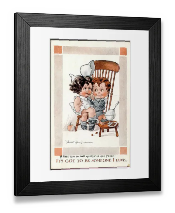 Framed Print : Comic postcard, Little girl and boy on a chair - It's got to be someone I love. Date: early 20th century Framed Print : Comic postcard, Little girl and boy on a chair - It's got to be someone I love. Date: early 20th century