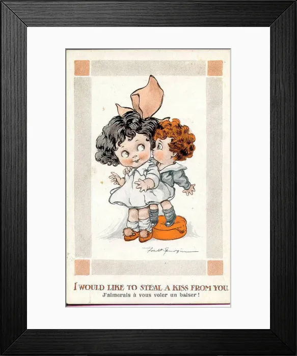 Framed Print : Comic postcard, Little girl and boy kissing Framed Print : Comic postcard, Little girl and boy kissing