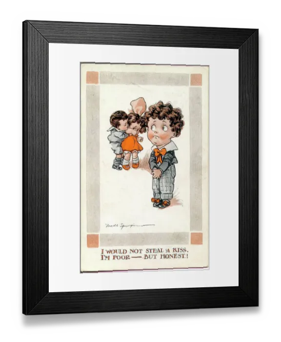 Framed Print : Comic postcard, Little girl and two boys - I would not steal a kiss, I'm poor - but honest! Date: early 20th century Framed Print : Comic postcard, Little girl and two boys - I would not steal a kiss, I'm poor - but honest! Date: early 20th century