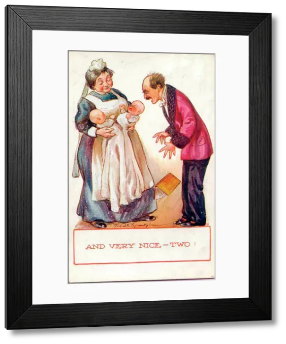 Framed Print : Comic postcard, Man and nurse with twins - And very nice - two! Date: early 20th century Framed Print : Comic postcard, Man and nurse with twins - And very nice - two! Date: early 20th century