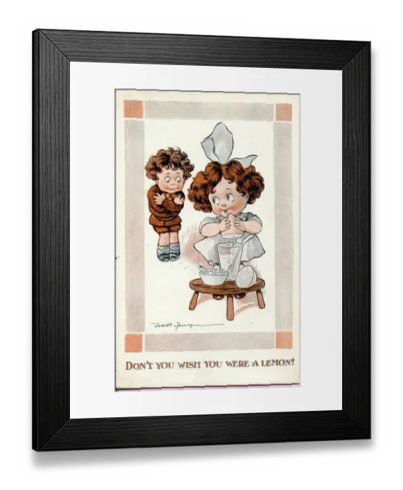 Framed Print : Comic postcard, Little girl and boy with lemon - Don't you wish you were a lemon? Date: early 20th century Framed Print : Comic postcard, Little girl and boy with lemon - Don't you wish you were a lemon? Date: early 20th century
