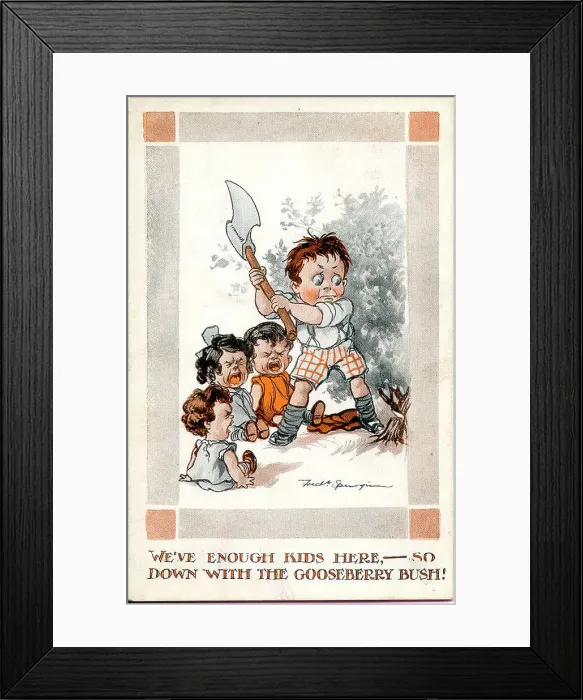 Framed Print : Comic postcard, Little boy and gooseberry bush Framed Print : Comic postcard, Little boy and gooseberry bush