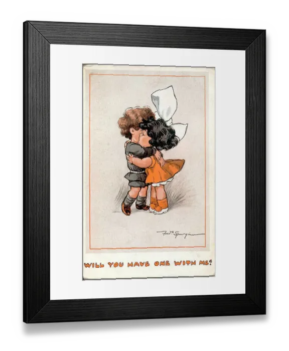 Framed Print : Comic postcard, Little girl and boy hugging and kissing - Will you have one with me? Date: early 20th century Framed Print : Comic postcard, Little girl and boy hugging and kissing - Will you have one with me? Date: early 20th century