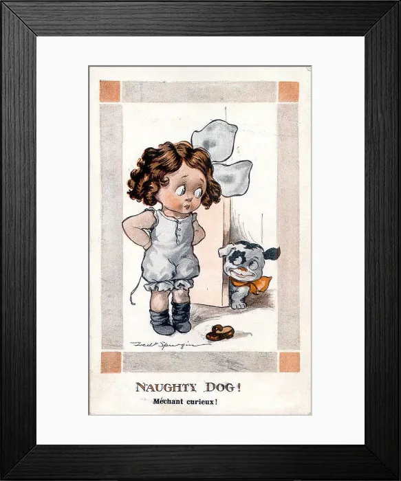 Framed Print : Comic postcard, Little girl and dog