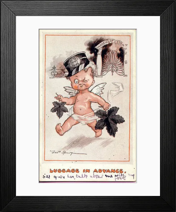 Framed Print : Comic postcard, Cupid with fig leaves - Luggage in advance. Date: early 20th century Framed Print : Comic postcard, Cupid with fig leaves - Luggage in advance. Date: early 20th century