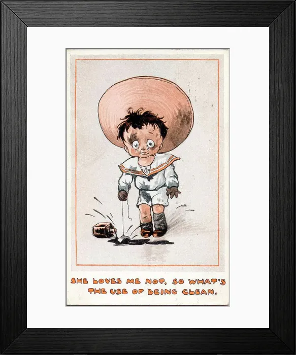 Framed Print : Comic postcard, Little boy covered in ink - She loves me not, so what's the use of being clean. Date: early 20th century Framed Print : Comic postcard, Little boy covered in ink - She loves me not, so what's the use of being clean. Date: early 20th century