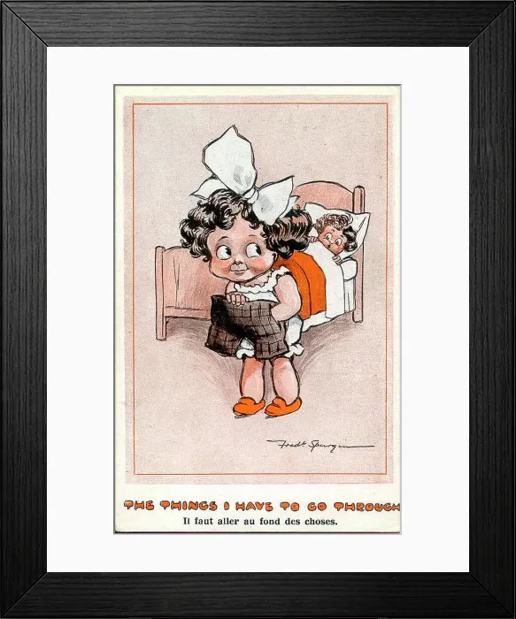 Framed Print : Comic postcard, Little girl and boy in bedroom - The things I have to go through. Date: early 20th century