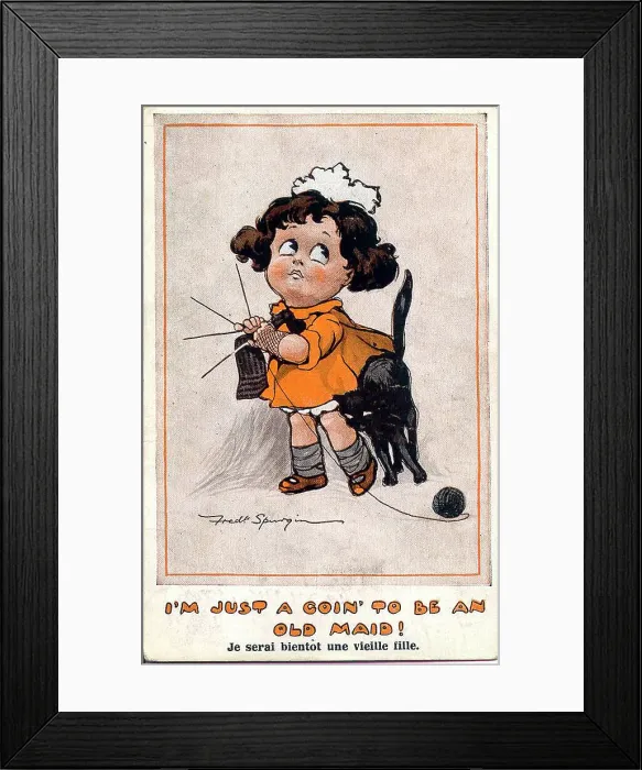 Framed Print : Comic postcard, Little girl with knitting and cat - I'm just a goin to be an old maid! Date: early 20th century Framed Print : Comic postcard, Little girl with knitting and cat - I'm just a goin to be an old maid! Date: early 20th century
