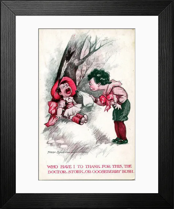 Framed Print : Comic postcard, Little boy and crying baby - Who have I to thank for this, the doctor, stork, or gooseberry bush. Date: early 20th century Framed Print : Comic postcard, Little boy and crying baby - Who have I to thank for this, the doctor, stork, or gooseberry bush. Date: early 20th century