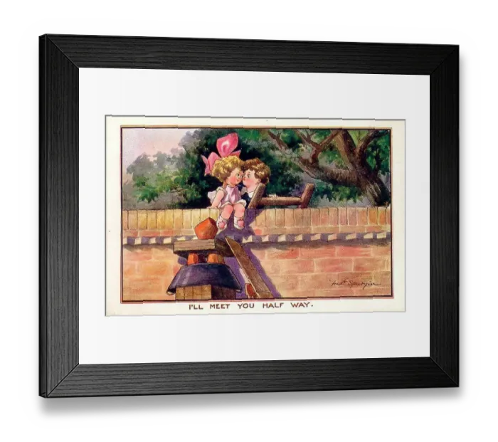 Framed Print : Comic postcard, Little girl and boy kissing on a garden wall - I'll meet you half way. Date: early 20th century Framed Print : Comic postcard, Little girl and boy kissing on a garden wall - I'll meet you half way. Date: early 20th century