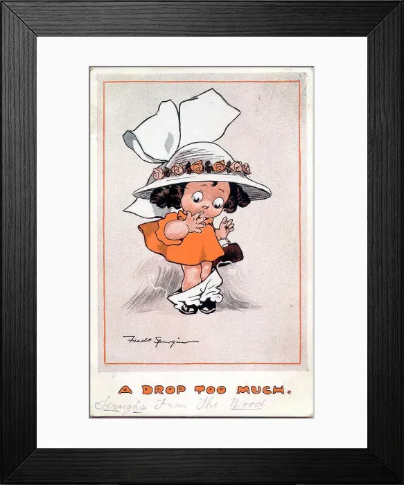 Framed Print : Comic postcard, Little girl in embarrassing situation - A drop too much. Date: early 20th century Framed Print : Comic postcard, Little girl in embarrassing situation - A drop too much. Date: early 20th century