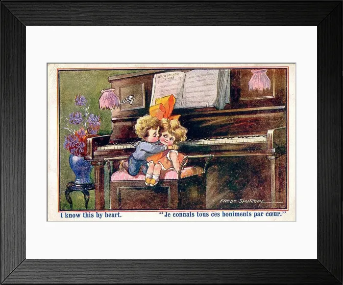 Framed Print : Comic postcard, Little girl and boy on piano stool - I know this by heart. Date: early 20th century Framed Print : Comic postcard, Little girl and boy on piano stool - I know this by heart. Date: early 20th century