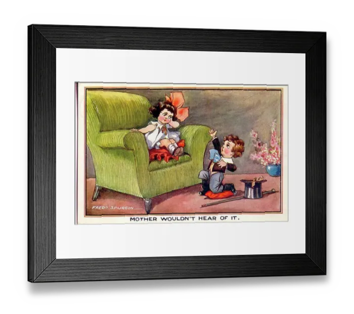 Framed Print : Comic postcard, Little boy proposing to little girl - Mother wouldn't hear of it. Date: early 20th century Framed Print : Comic postcard, Little boy proposing to little girl - Mother wouldn't hear of it. Date: early 20th century