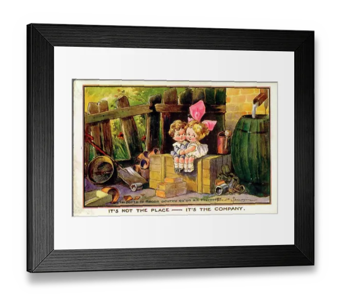 Framed Print : Comic postcard, Little girl and boy in an untidy back garden - It's not the place - it's the company. Date: early 20th century Framed Print : Comic postcard, Little girl and boy in an untidy back garden - It's not the place - it's the company. Date: early 20th century