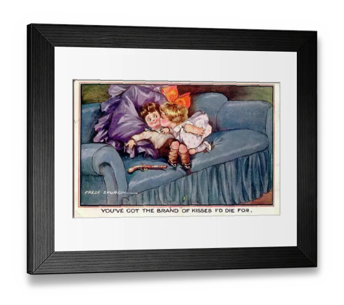 Framed Print : Comic postcard, Little girl and boy on a sofa - You've got the brand of kisses I'd die for. Date: early 20th century