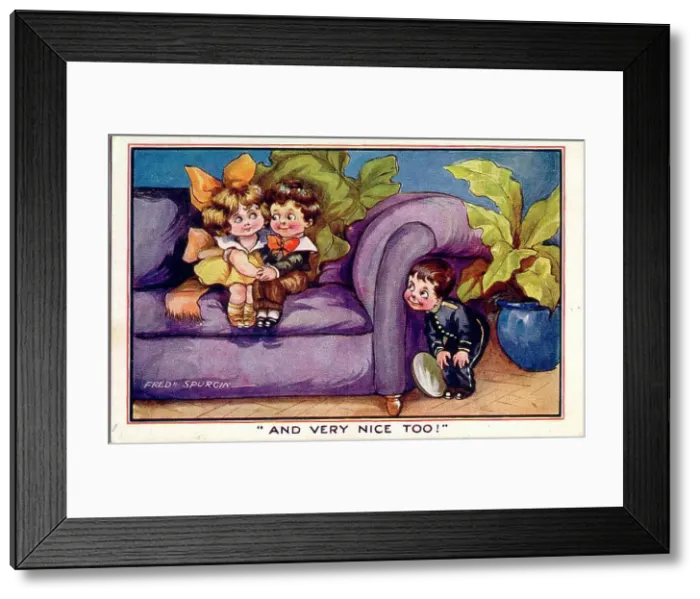 Framed Print : Comic postcard, Little girl and boy on a sofa, being watched - And very nice too! Date: early 20th century Framed Print : Comic postcard, Little girl and boy on a sofa, being watched - And very nice too! Date: early 20th century